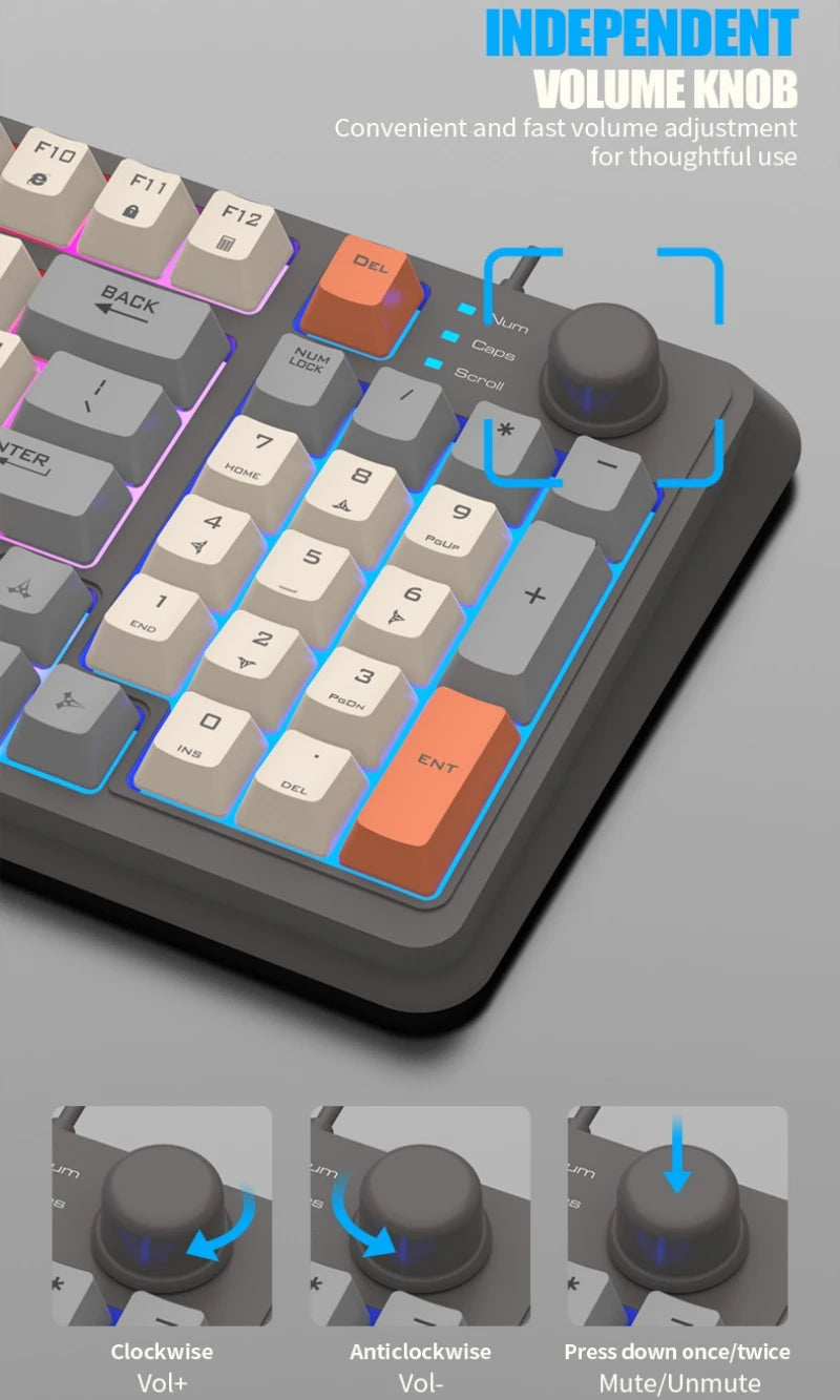 Keyboard 94 Keys 90% Layout Spanish Russian Korean Arabic Keyboard USB Wired RGB Light Volume Knob Ergonomics Gaming Office K82