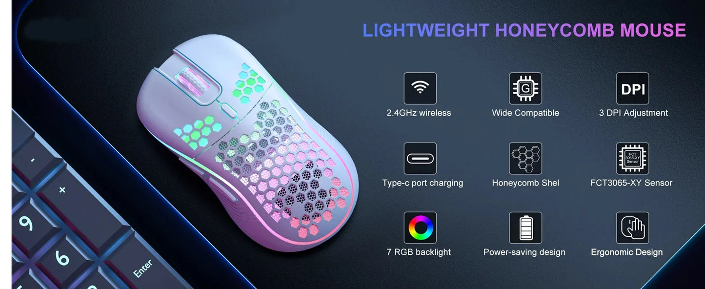 2.4G Wireless RGB Lighting Charging Mouse with Adjustable DPI Ergonomic Honeycomb Design Gaming Mouse for Desktop Laptop