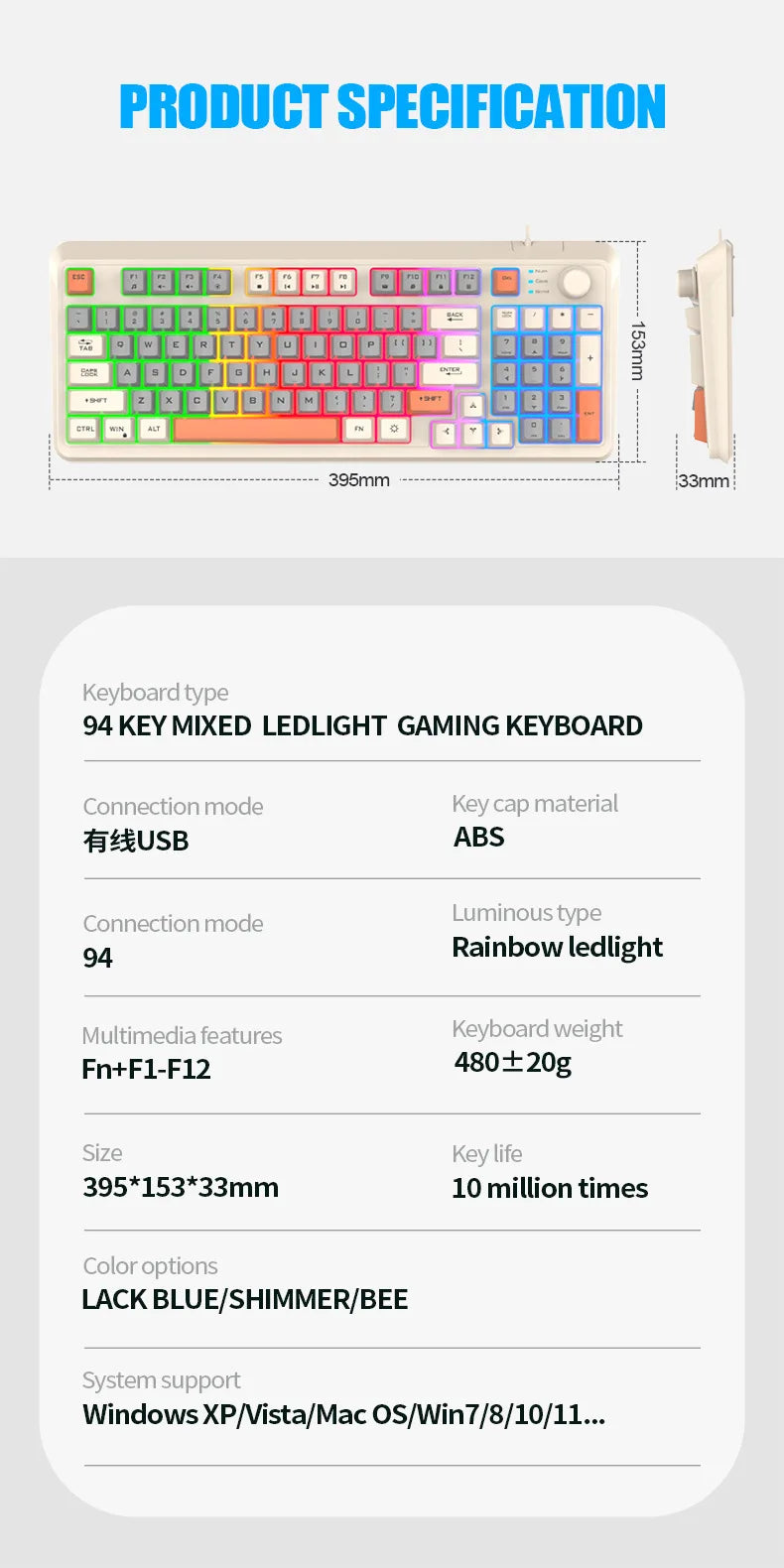 Keyboard 94 Keys 90% Layout Spanish Russian Korean Arabic Keyboard USB Wired RGB Light Volume Knob Ergonomics Gaming Office K82