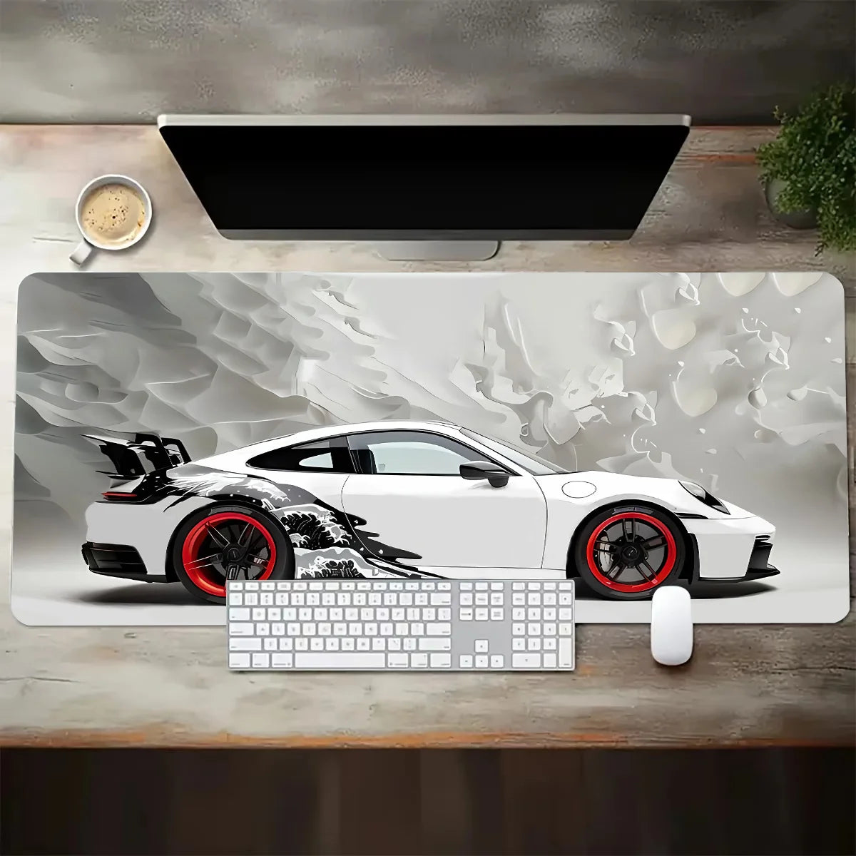 Large White Sports Car Design Gaming Mouse Pad Anti-Slip Rubber Base Extended Desk Mat for Gamer Office Use Computer Accessories