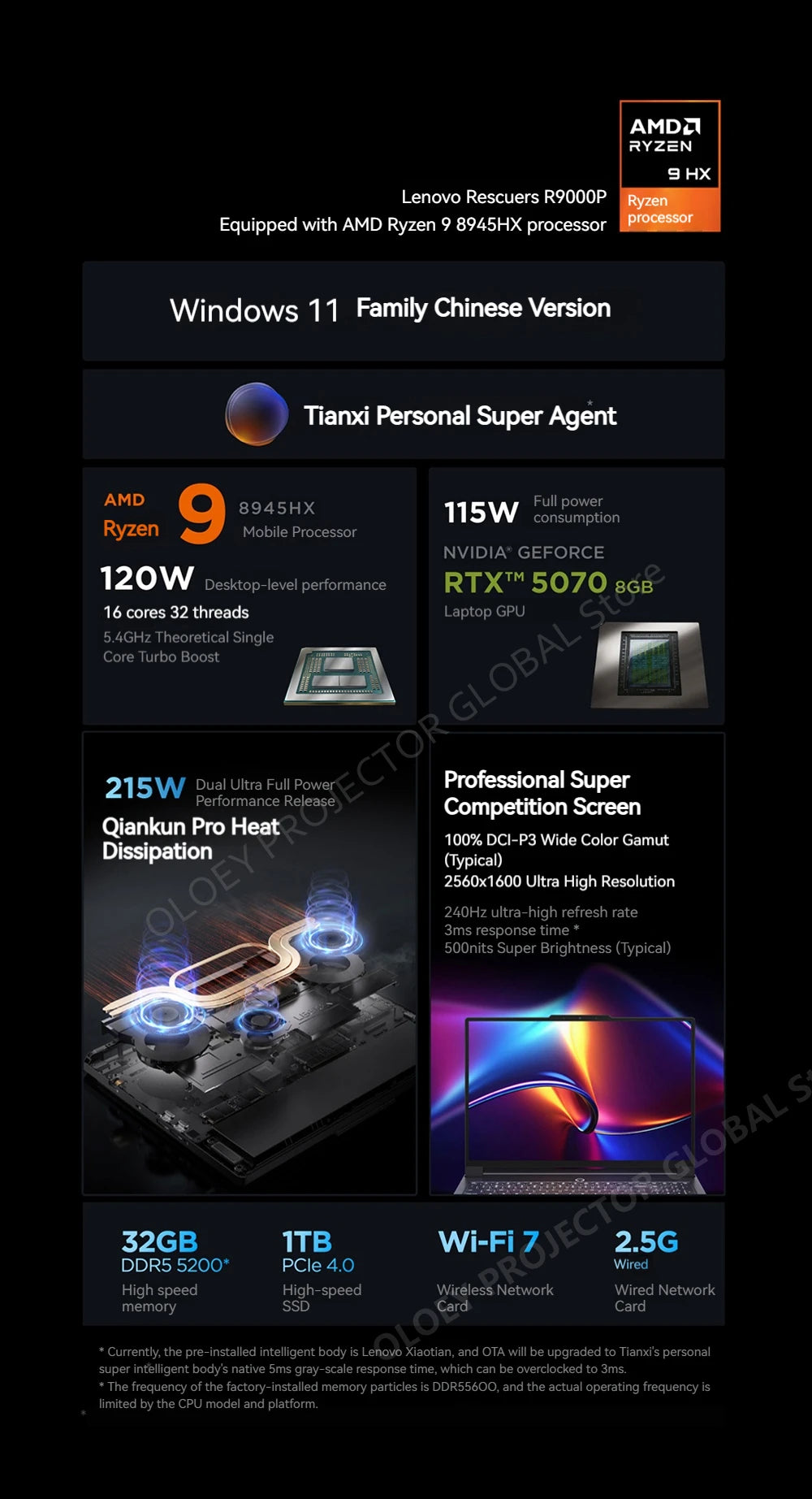 Lenovo LEGION R9000P 2025 AMD R9 8945HX Geforce RTX5060 8GB 32GB RAM 1TB SSD 16" 2.5K 240Hz Screen