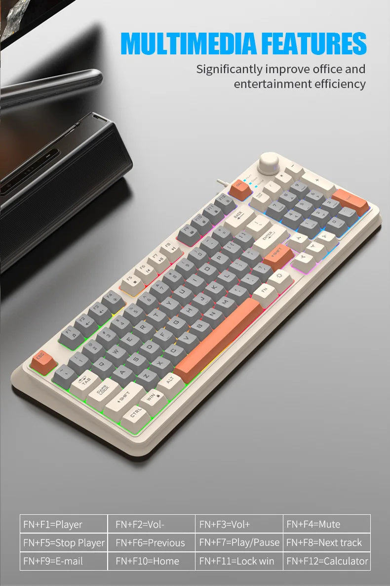 Keyboard 94 Keys 90% Layout Spanish Russian Korean Arabic Keyboard USB Wired RGB Light Volume Knob Ergonomics Gaming Office K82