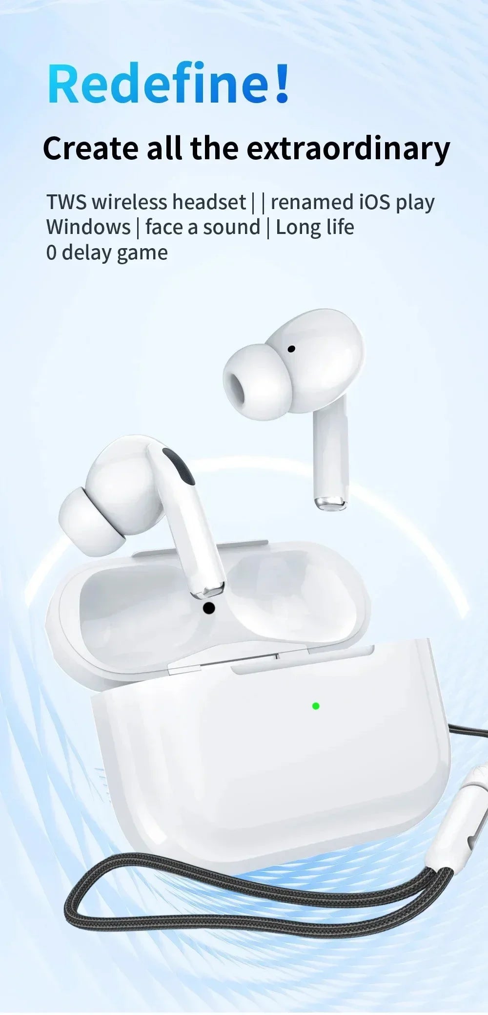 Air Pro True Wireless Bluetooth Earphones Headphones Bin Lanyard HiFi Sound Low Latency Noise Reduction Earbuds for IOS Android