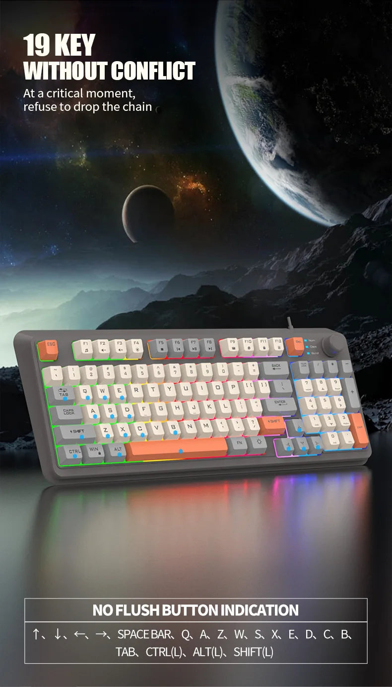 Keyboard 94 Keys 90% Layout Spanish Russian Korean Arabic Keyboard USB Wired RGB Light Volume Knob Ergonomics Gaming Office K82