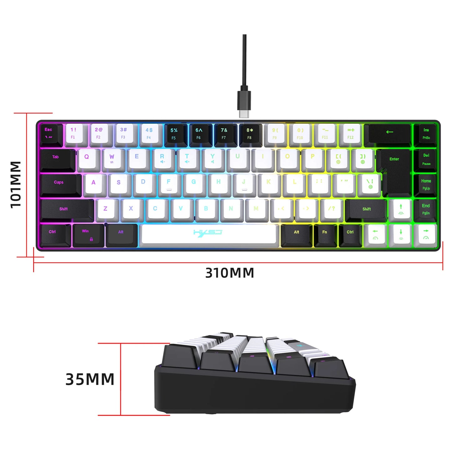 Keyboard 68 keys RGB gamer backlit ergonomic wired key board 65% pc computer office Portable usb laptop Keyboards white black