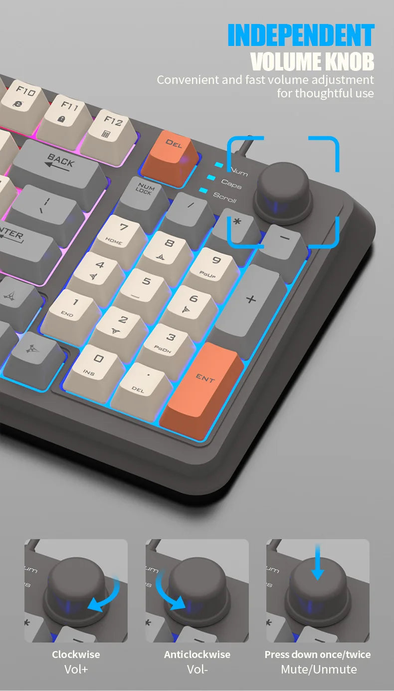 Keyboard 94 Keys 90% Layout Spanish Russian Korean Arabic Keyboard USB Wired RGB Light Volume Knob Ergonomics Gaming Office K82