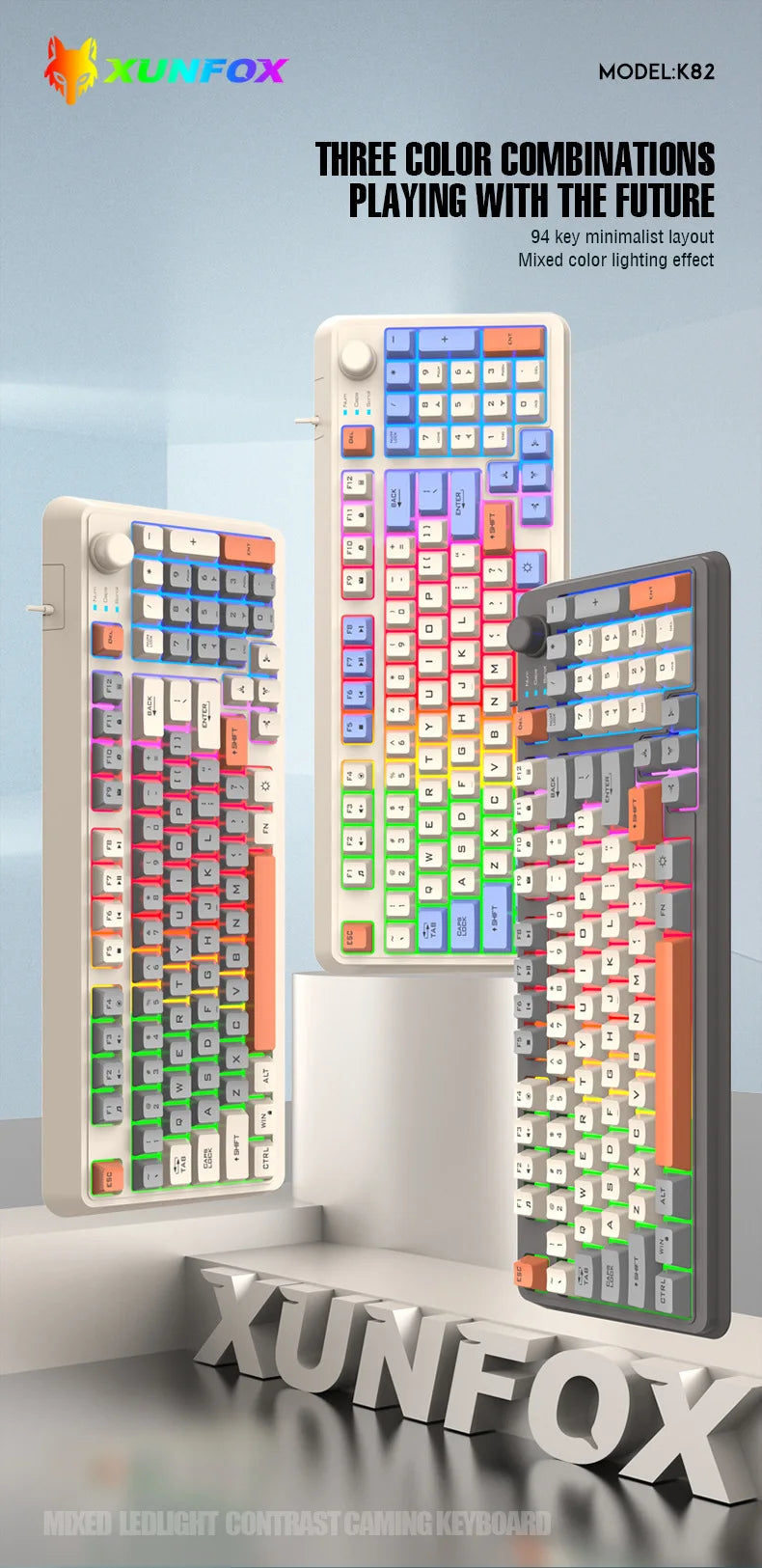 Keyboard 94 Keys 90% Layout Spanish Russian Korean Arabic Keyboard USB Wired RGB Light Volume Knob Ergonomics Gaming Office K82